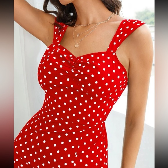 Boho red white split thigh polka dot dress - Picture 5 of 7
